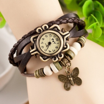 Picture of Women's Casual Vintage Multilayer Butterfly Faux Leather Bracelet Wrist Watch Ladies