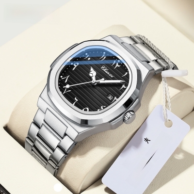 Picture of Men's Arabic Watch Stainless Steel Band Black Dial Quartz Movement Water Resistant Casual Wristwatch