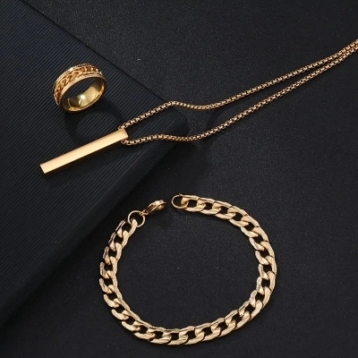 Picture of Stylish Bar Pendant Set, Necklaces Finger Ring Set And Oval Kada Bracelet For Boys And Men (Pack Of 3) Golden