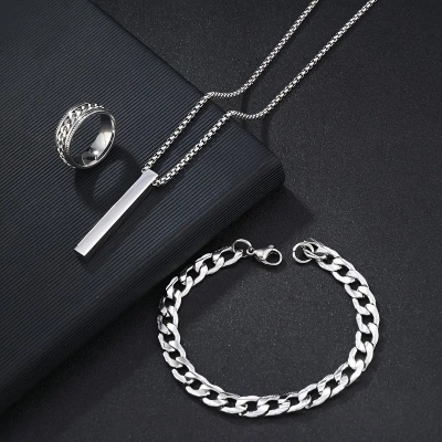 Picture of Style 3-Piece Fashion Jewelry Set  Stainless Steel, Simple Golden Necklace Combo for Men