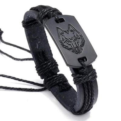 Picture of Mens Leather Wolf Head Woven Bracelet Wristband For Men Black