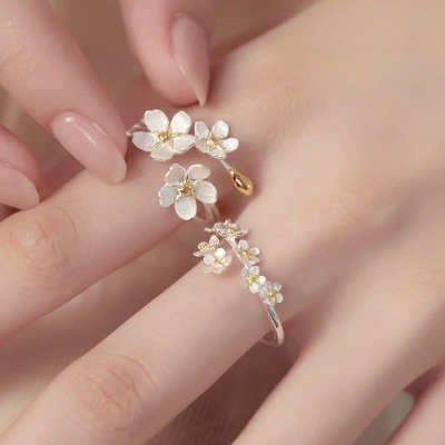Picture of Delicate Flower Opening Adjustable Ring Set for Women, Korean Silver Color, Minimalist Finger Rings