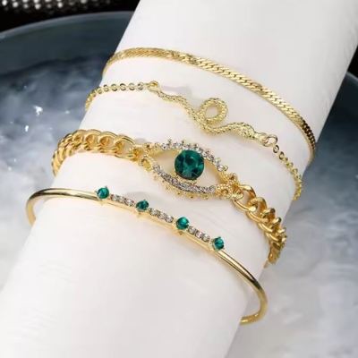 Picture of 4Pcs/Set Fashionable Snake Imitation Gemstone Bangle Rhinestone Full Metal Bracelet For  Women