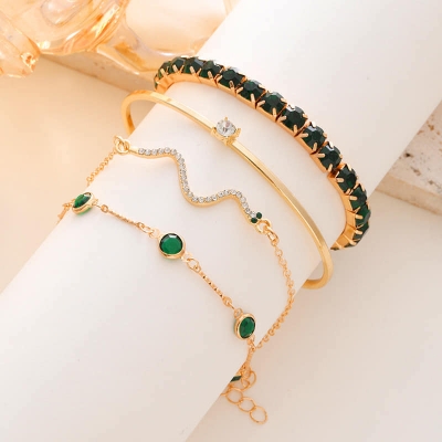 Picture of 4Pcs/Set Butterfly Leaf Charm Rhinestone Inlaid Women Bangle Bracelet From