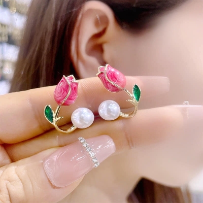 Picture of Pink Tulip Pearl Stud Earrings For Women Two Ways To Wear Ear Studs For Daily Life Party Jewelry Lightweight Ear Cuff Tulip
