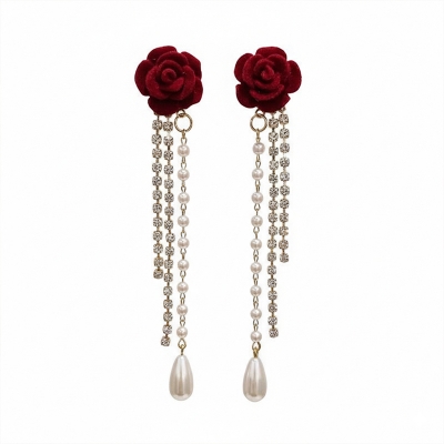 Picture of Red Rose Flower Long Tassel Earrings for Women Wine Red Flocking Bow Pearl Tassel Earrings Elegant Luxury Jewelry Gifts