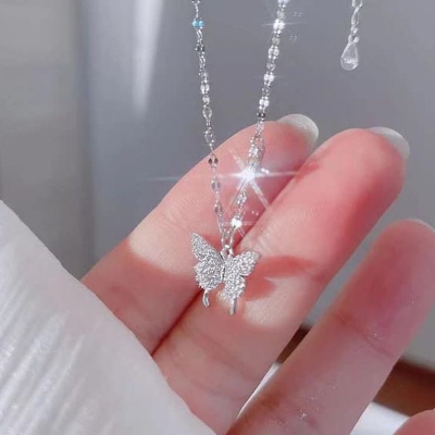 Picture of Silver Simple Brilliant Butterfly Pendant with Cubic Zirconia and Necklace