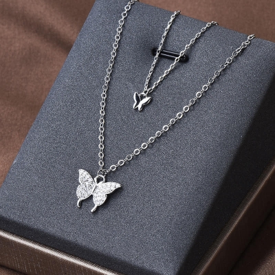 Picture of Trendy Fashionable Double Layer Butterfly Pendant Necklace for women New Collection/ Chain Choker Necklaces for Girls Simple Stylish