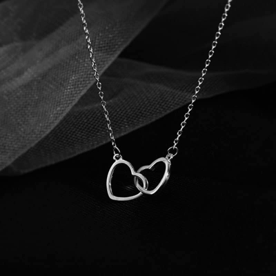 Picture of Sterling Silver Necklace White Plated Korean Fashion Cute Heart Shaped Pendant Necklace For Girls