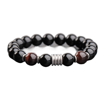 Picture of Men's Fashionable Stainless Steel Eye Tiger Beaded Bracelet With Black Luster Stone Bracelet for Men