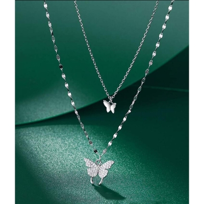 Picture of Trendy Fashionable Double Layer Butterfly Pendant Necklace for women New Collection/ Chain Choker Necklaces for Girls Simple Stylish