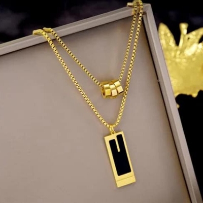 Picture of Golden Black Stacked double layer black square necklace with three circle links chain for men