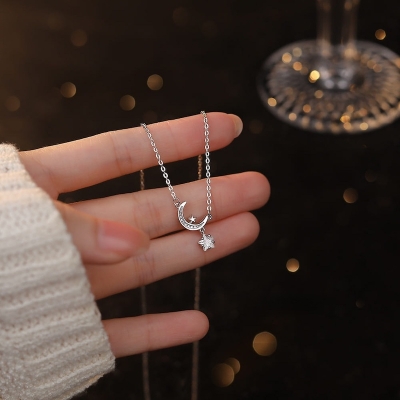 Picture of Sterling Silver CZ Moon Star Chain Necklace for Women