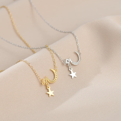 Picture of New Sterling Silver Golden CZ Moon Star Chain Necklace for Women