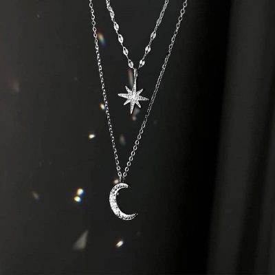 Picture of Simple Double Layer Star Moon Charm Multilayered Necklace  Chain For Women