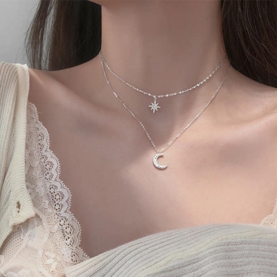 Picture of New Zircon Moon Pendant Necklace for Women Fashion Jewelry  Double Layer Star Moon Charm Chain For Women
