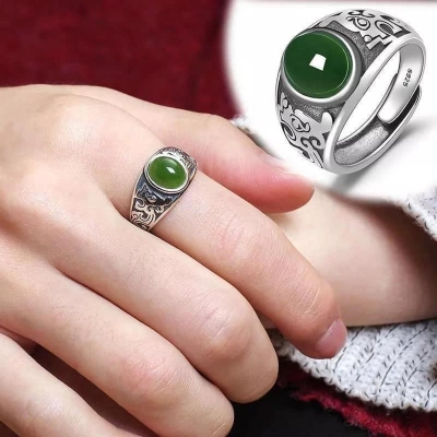 Picture of Adjustable   silver jade stone rings design for men women