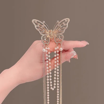Picture of Upscale Need - Korean Crystal Rhinestone Butterfly Pearl Tassel Hairpin For Women - Sensible - Must Have - Designed - Urban Vibes