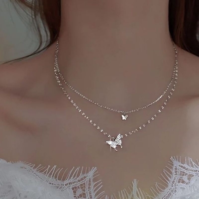 Picture of Understated -Craftsmanship and Trendy -Women Double Layer Pendant Clavicle Chain Silver Butterfly Necklace Choker Chain- Progressively Better