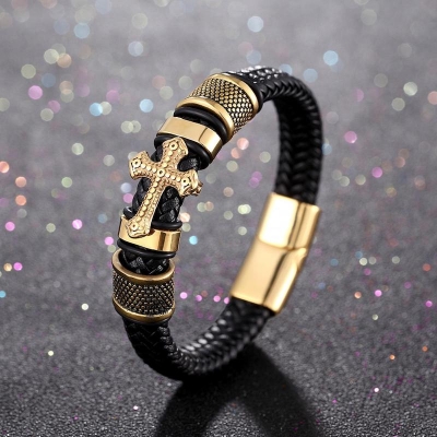 Picture of Understated -Craftsmanship and Trendy -Fashion Punk Leather braided Cross Bracelet for Men High Quality Magnetic- Progressively Better