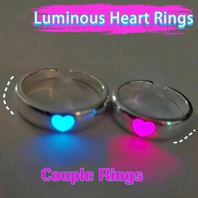 Picture of 2pcs Couple Glow In The Dark Heart Detail Cuff Ring