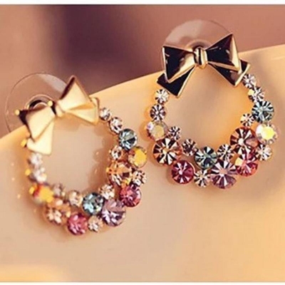 Picture of Cute Crystal Rinestone Alloy Charming Bowknot Studs Earrings Women