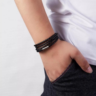 Picture of Classic Mens Jewellery Black Braided Leather Handmade Bracelet Men Stainless Steel Clasps Bracelets