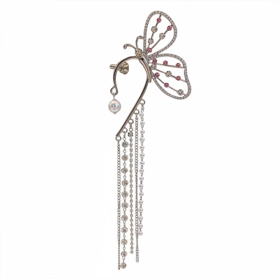 Picture of Butterfly Pearl Chain Tassel Stud Earrings For Women