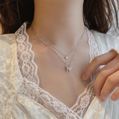 Picture of Women Double Layer Pendant Clavicle Chain Silver Butterfly Necklace Choker Chain