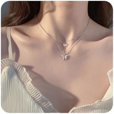 Picture of Double Layer Butterfly Pendant Necklace Chain for Women - Necklace For Girls