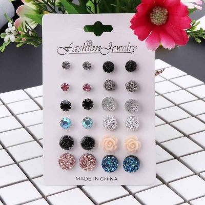Picture of 12 Pairs New Fashion Assorted Crystal Druzy Resin Stone Round Earrings Set