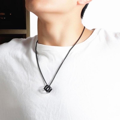 Picture of Hot Retro Hollow Cube Pendant for Men Stainless Steel Black Square Vintage Necklace/Men's Chain/Men's Necklace