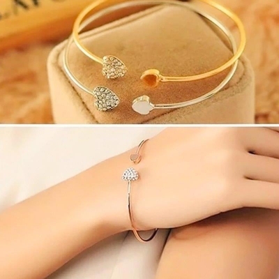 Picture of Adjustable Crystal Double Heart Cuff Opening Bracelet For Women Jewelry Gift