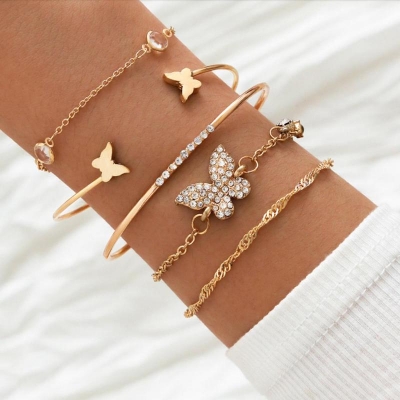 Picture of New Golden Pearl Crystal Butterfly Bracelet Set For Women
