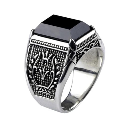 Picture of Stainless Steel Black Natural Stone Mens Finger Ring