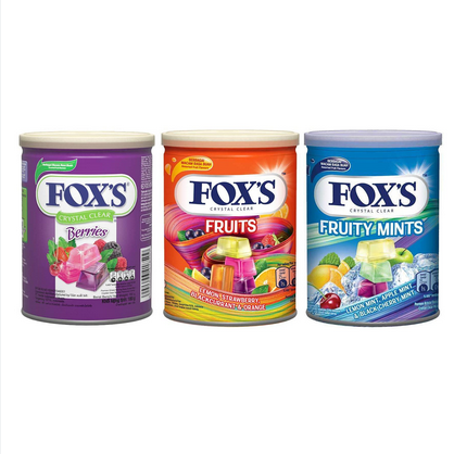 Picture of Fox's Crystal Clear Assorted Fruit Flavours 3 X 180g Berries,Fruit,Fruity Mints Tin Pack