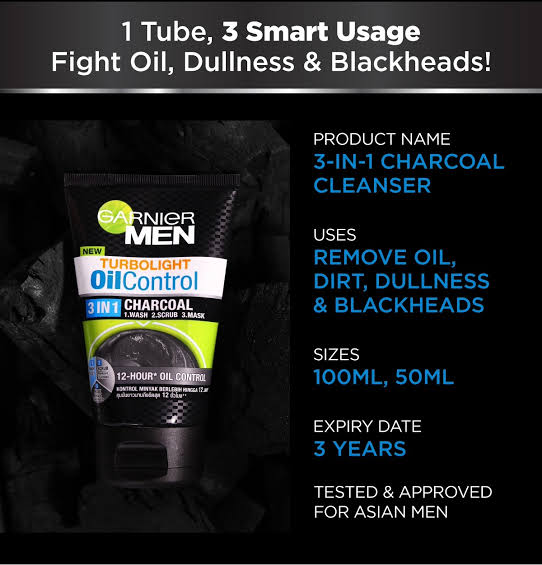 Picture of Garnier Men Turbolight Oil Control 3in1 Charcoal 12-Hour 100gm