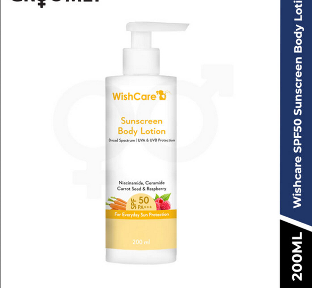 Picture of WishCare Sunscreen Body Lotion SPF 50 PA+++ with Niacinamide, Ceramide Carrot Seed and Raspberry-200ml