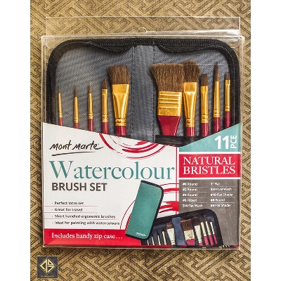 Picture of Mont Marte Mixed Bristle Brush Set in Wallet 11pce - Watercolor Maroon 