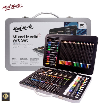 Picture of Mont Marte 90-Piece Premium Art Set, Wood Art Supplies for Painting and Drawing, Essentials Art Kit in Portable Aluminium Case, Includes Acrylic Paint, Oil Pastels, Color Pencils, Art Brushes Silver 