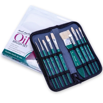 Picture of Mont Marte Art Paint Brushes Set for Painting, 10 Variety of Brushes Types for Class, Kids, Artists Hog Bristle Brush Set for Oil Painting Green 