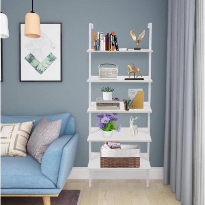 Picture of 5-Shelf Wood Ladder Bookcase with Metal Frame Wall Mount Book Shelf White
