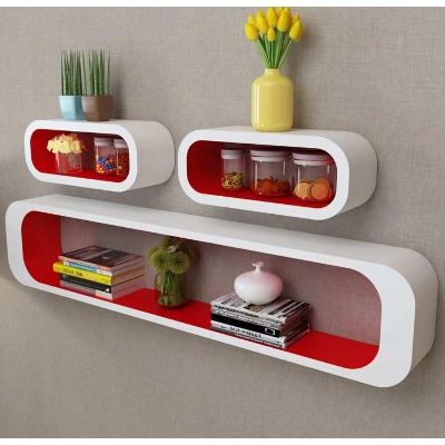 Picture of 3 White-Red Floating Wall Display Shelf CM 96" x 16" x 17.5" (W x D x H) White