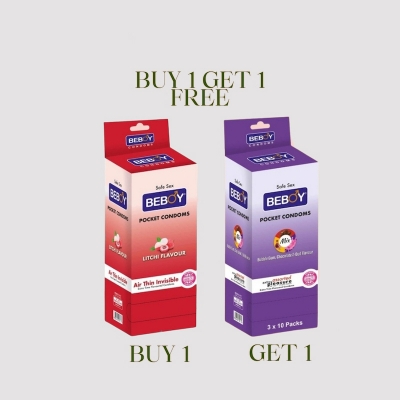 Picture of Beboy Extra Time Air Thin Invisible Condom ( Litchi Flavoured) 3x10 - 30Pcs Full Box(India) & Beboy Mix Extra Time Assorted Air & Dotted Condom (Mix Flavoured) 3x10 - 30Pcs Full Box (India)