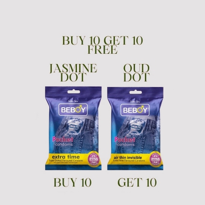 Picture of Beboy Extra Time Super Big Dotted Condom (Jasmine Flavour) Pocket Pack- 3Pcs(India) & Beboy Extra Time Air Thin Invisible Condom (Jasmine Flavour) Pocket Pack- 3Pcs(India)
