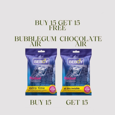 Picture of Beboy Extra Time Air Thin Invisible Condom (Merigold Flavour) Pocket Pack- 3Pcs(India) & Beboy Extra Time Air Thin Invisible Condom (Litchi Flavour) Pocket Pack- 3Pcs(India)