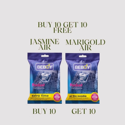 Picture of Beboy Extra Time Air Thin Invisible Condom (Jasmine Flavour) Pocket Pack- 3Pcs(India) & Beboy Extra Time Air Thin Invisible Condom (Merigold Flavour) Pocket Pack- 3Pcs(India)