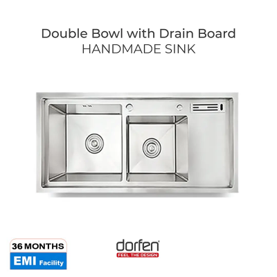Picture of DORFEN Double Bowl with Drain Board Handmade Sink - 40x18x9