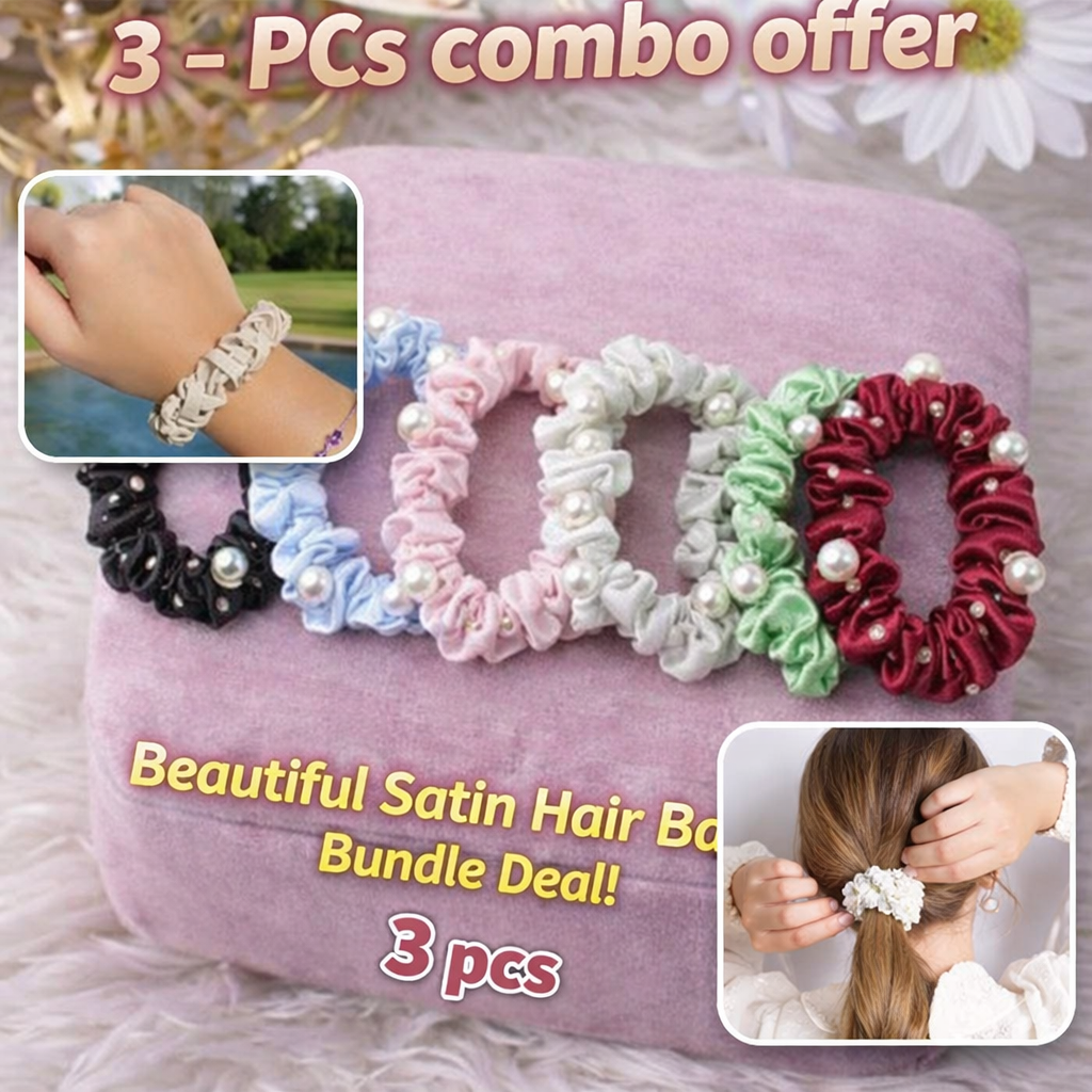 Picture of Luxury Satin & Pearl Scrunchies  Handmade Premium Hair Ties 3 pcs combo