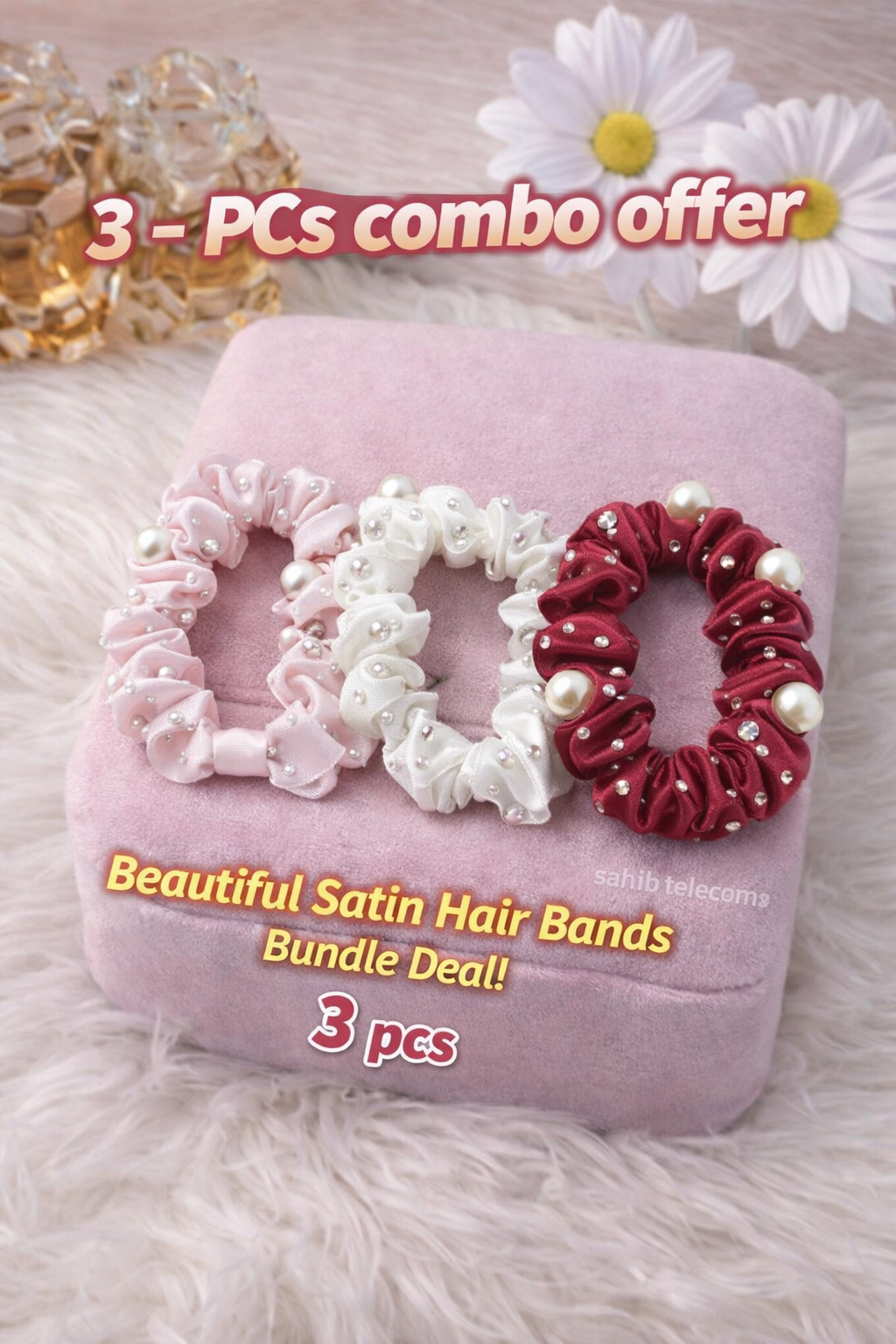 Picture of Luxury Satin & Pearl Scrunchies  Handmade Premium Hair Ties 3 pcs combo